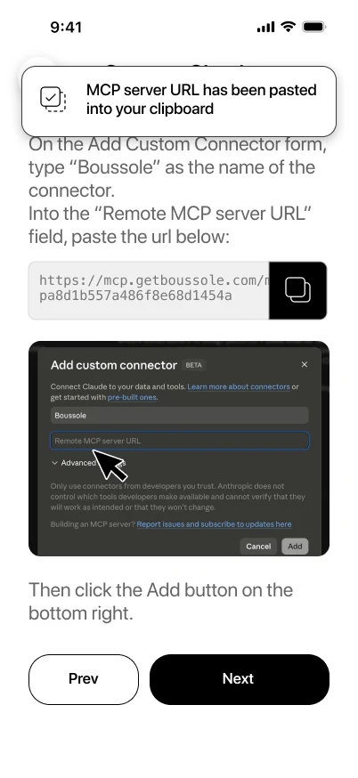 Paste the Boussole server URL, copied to your clipboard
