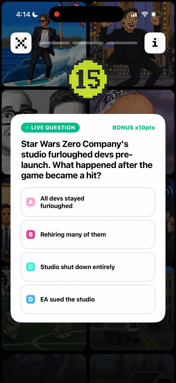 A live question with a 15-second countdown