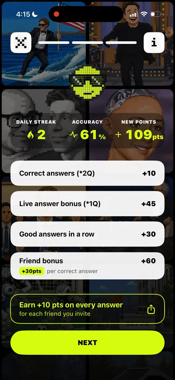 Points earned: daily streak, accuracy, live and friend bonuses