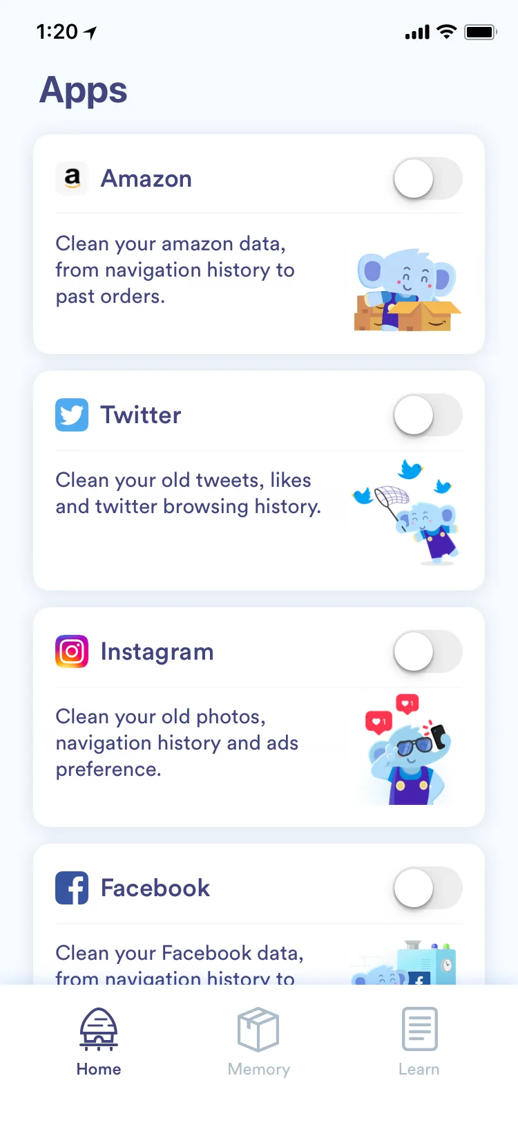 Apps list: Amazon, Twitter, Instagram, Facebook