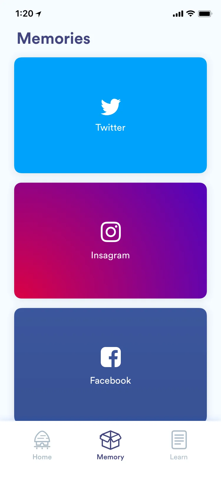 Memories by service: Twitter, Instagram, Facebook