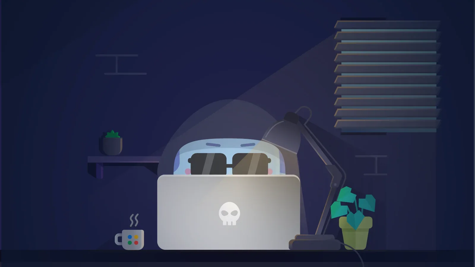 A laptop with a skull sticker, watched by Jumbo